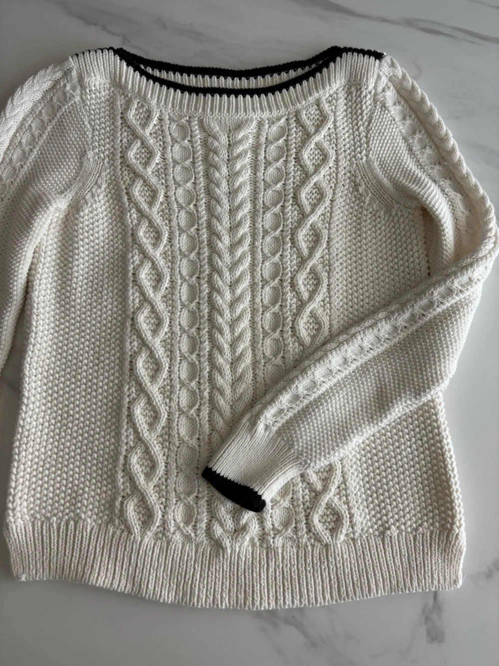 J. Crew Cream Cable Knit Sweater with Black Trim XS